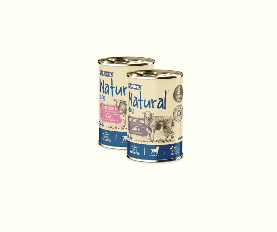 HIGH MEAT Våtfôr - 2 bokser à 400g forfra. Kalv & Kylling (40% kalv, 20% kylling) og Lam & Gås (49% lam, 11% gås). Kornfri, naturlige ingredienser med brokkoli, gulrøtter, lakseolje og tørkede egg. Premium våtfôr for voksne hunder.